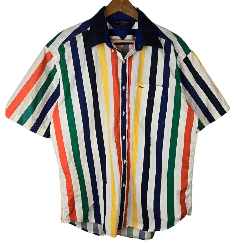 Vtg Tommy Hilfiger Golf Button Front Short Sleeve Multicolor Striped Shirt Sz L